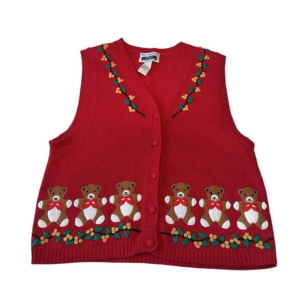 Bryn Connelly Red Teddy Bear Hand Embroidered Cardigan Vest Womens Petite PM